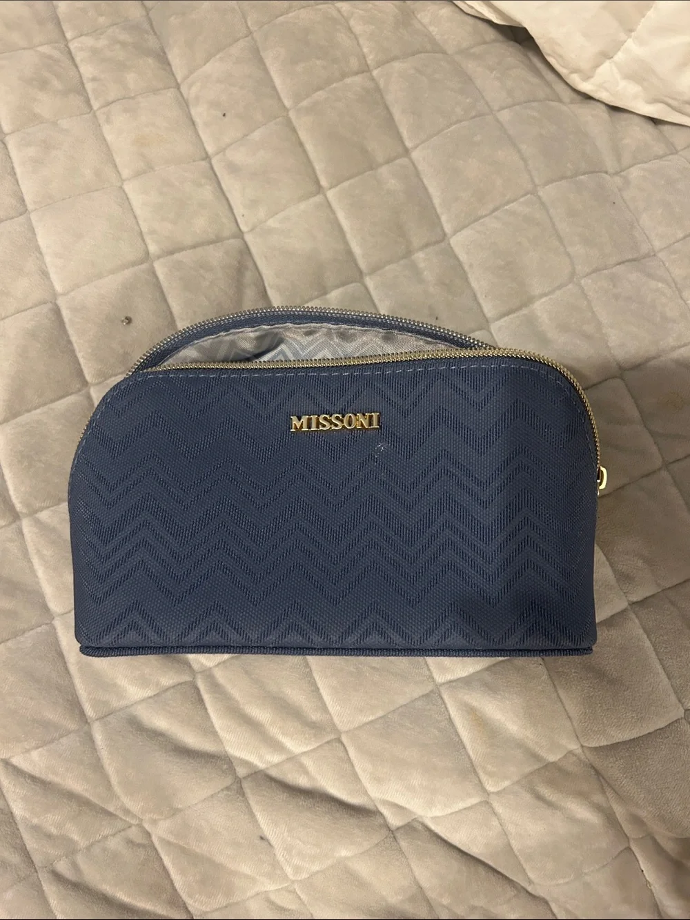 Missoni Navy Chevron Cosmetic Pouch with Gold Logo